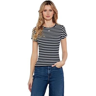 Tommy Jeans Damen T-Shirt Kurzarm Essential Rib Slim Fit, Mehrfarbig (Dark Night Navy/Stripe), XL Tommy Jeans Damen T-Shirt Kurzarm Essential Rib Slim Fit, Mehrfarbig (Dark Night Navy/Stripe), XL