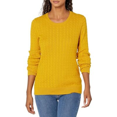Amazon Essentials Damen Leichter Langarmpullover Mit Zopfmuster, Gold, L Amazon Essentials Damen Leichter Langarmpullover Mit Zopfmuster, Gold, L