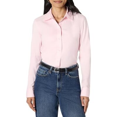 Amazon Essentials Damen Stretch-Popeline-Anzughemd Mit Durchgehender Knopfleiste, Hellrosa, S Amazon Essentials Damen Stretch-Popeline-Anzughemd Mit Durchgehender Knopfleiste, Hellrosa, S