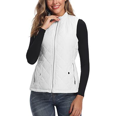 LONGKING Damen Weste Leicht Stehkragen Weste Steppweste mit Reißverschluss Ärmellose Oberteile Tops Coat Jacke Outdoor Reines Weiß S LONGKING Damen Weste Leicht Stehkragen Weste Steppweste mit Reißverschluss Ärmellose Oberteile Tops Coat Jacke Outdoor Reines Weiß S