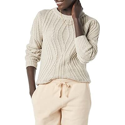 Amazon Essentials Damen Pullover mit Rundhalsausschnitt und Zopfmuster aus 100 % Baumwolle, Beige, L Amazon Essentials Damen Pullover mit Rundhalsausschnitt und Zopfmuster aus 100 % Baumwolle, Beige, L
