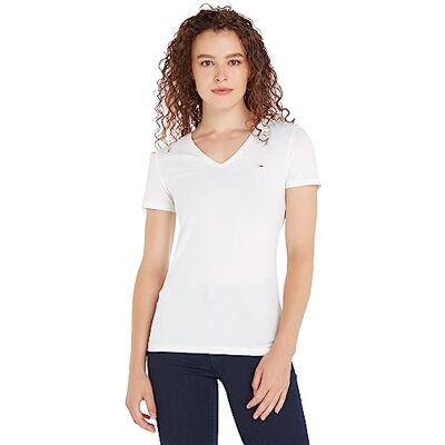 Tommy Jeans Tjw Skinny Stretch V Neck Kurzarm Strickoberteile, Damen, Weiß (White), Xs Tommy Jeans Tjw Skinny Stretch V Neck Kurzarm Strickoberteile, Damen, Weiß (White), Xs