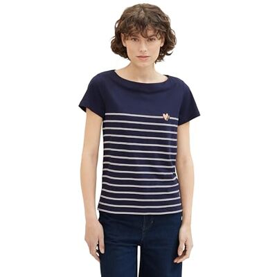 TOM TAILOR Damen Basic T-Shirt mit Streifen, 10668 Sky Captain Blue, M TOM TAILOR Damen Basic T-Shirt mit Streifen, 10668 Sky Captain Blue, M