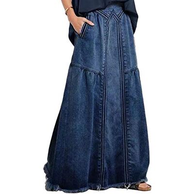 ebossy Damen Casual Elastische Taille Fransen Saum A-Linie Distressed Hippie Lang Maxi Denim Rock Blau Klein ebossy Damen Casual Elastische Taille Fransen Saum A-Linie Distressed Hippie Lang Maxi Denim Rock Blau Klein