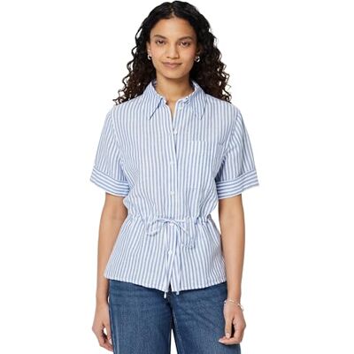 Amazon Essentials Damen Leinen-Bluse mit Verstellbarer Taille, Blau-weiß, Gleichmäßige Streifen, M Amazon Essentials Damen Leinen-Bluse mit Verstellbarer Taille, Blau-weiß, Gleichmäßige Streifen, M