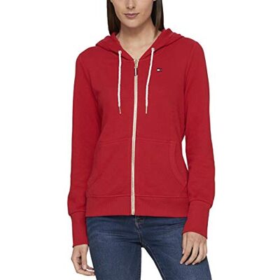 Tommy Hilfiger Damen Kapuzenjacke aus French Terry mit Reißverschluss, einfarbig Kapuzenpullover, Scharlachrot, XL Tommy Hilfiger Damen Kapuzenjacke aus French Terry mit Reißverschluss, einfarbig Kapuzenpullover, Scharlachrot, XL