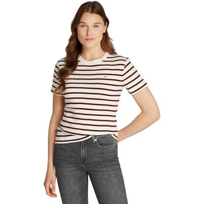 Tommy Hilfiger Damen T-Shirt Kurzarm Slim Cody Rundhalsausschnitt, Mehrfarbig (Fine STP Calico/Deep Rouge), XXS Tommy Hilfiger Damen T-Shirt Kurzarm Slim Cody Rundhalsausschnitt, Mehrfarbig (Fine STP Calico/Deep Rouge), XXS