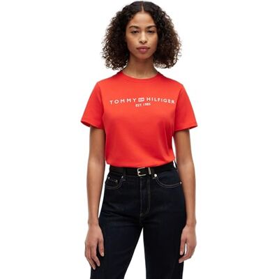Tommy Hilfiger Damen T-Shirt Kurzarm Logo Rundhalsausschnitt, Rot (Fire Red), M Tommy Hilfiger Damen T-Shirt Kurzarm Logo Rundhalsausschnitt, Rot (Fire Red), M