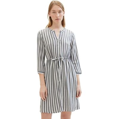 TOM TAILOR Damen Kleid mit Streifen & Bindegürtel, offwhite navy vertical stripe, 40 TOM TAILOR Damen Kleid mit Streifen & Bindegürtel, offwhite navy vertical stripe, 40