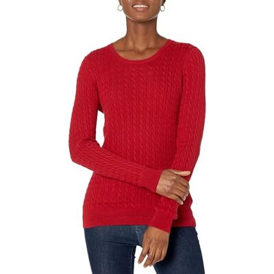 Amazon Essentials Damen Leichter Langarmpullover Mit Zopfmuster, Rot, XS Amazon Essentials Damen Leichter Langarmpullover Mit Zopfmuster, Rot, XS