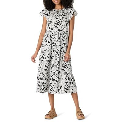 Amazon Essentials Damen Kleid aus 100% Baumwolle, Gestuftes Relaxed-Fit-Midikleid mit Rundhalsausschnitt, Schwarz/Elfenbein, Folk-Blumen, Größe M Amazon Essentials Damen Kleid aus 100% Baumwolle, Gestuftes Relaxed-Fit-Midikleid mit Rundhalsausschnitt, Schwarz/Elfenbein, Folk-Blumen, Größe M