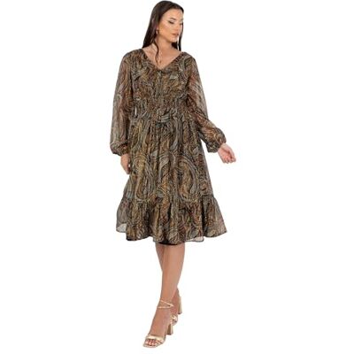 Lovedrobe Women's Midi Dress Ladies V-Neck Long Balloon Sleeve Boho Paisley Floral Print Shirred Waist A-line Smart Casual, Gold, 44 Lovedrobe Women's Midi Dress Ladies V-Neck Long Balloon Sleeve Boho Paisley Floral Print Shirred Waist A-line Smart Casual, Gold, 44