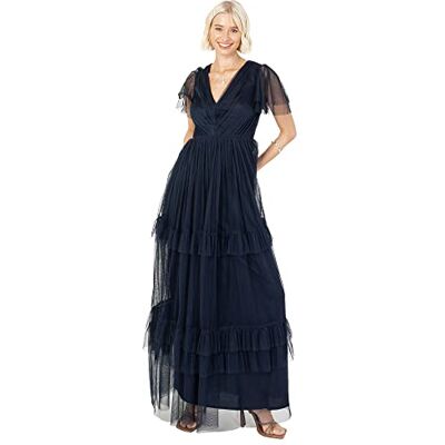 Anaya with Love Damen Short Sleeve Evening Ball Gown Tiered V Neck Bow Tie Bridesmaid Wedding Guest Prom Long Kleid, Navy Blue, 40 EU (UK 12) Anaya with Love Damen Short Sleeve Evening Ball Gown Tiered V Neck Bow Tie Bridesmaid Wedding Guest Prom Long Kleid, Navy Blue, 40 EU (UK 12)