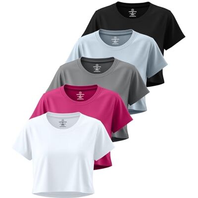 Real Essentials 5er Pack: Damen Dry Fit Crop Top – Kurzärmeliges Stretch-T-Shirt mit Rundhalsausschnitt (erhältlich in Übergröße), Set 2, Klein Real Essentials 5er Pack: Damen Dry Fit Crop Top – Kurzärmeliges Stretch-T-Shirt mit Rundhalsausschnitt (erhältlich in Übergröße), Set 2, Klein