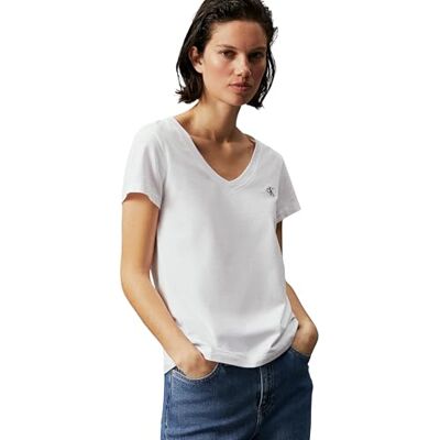 Calvin Damen T-Shirt Kurzarm Ck Embroidery V-Ausschnitt, Weiß (Bright White), XS Calvin Damen T-Shirt Kurzarm Ck Embroidery V-Ausschnitt, Weiß (Bright White), XS