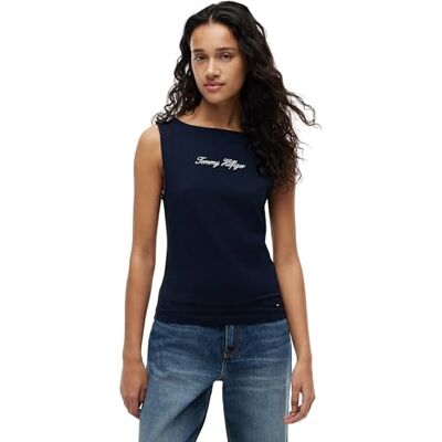 Tommy Hilfiger Women's Classic Script Boat-Nk Top WW0WW50947 S/S T-Shirt, Blau (Dark Night Navy), XL Tommy Hilfiger Women's Classic Script Boat-Nk Top WW0WW50947 S/S T-Shirt, Blau (Dark Night Navy), XL
