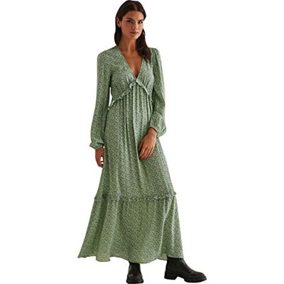 NA-KD Damen Maxi-Rüschenkleid mit Ballonärmeln Lässiges Kleid, Grün/Blumen, 36 NA-KD Damen Maxi-Rüschenkleid mit Ballonärmeln Lässiges Kleid, Grün/Blumen, 36