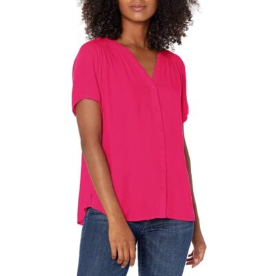 Amazon Essentials Damen Kurzarm-Webbluse, Hot Pink, Small Amazon Essentials Damen Kurzarm-Webbluse, Hot Pink, Small