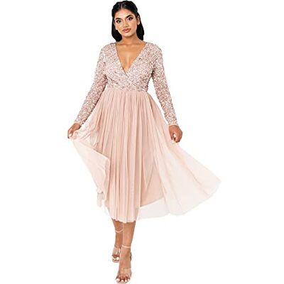 Maya Deluxe Damen Dames Wedding Guest Midi Jurk met lange mouwen en V-hals V-hals Brautjungfernkleid, Taupe Blush, 28 EU Maya Deluxe Damen Dames Wedding Guest Midi Jurk met lange mouwen en V-hals V-hals Brautjungfernkleid, Taupe Blush, 28 EU