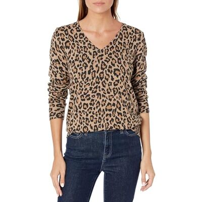 Amazon Essentials Damen Leichter Langarm-Pullover mit V-Ausschnitt (Erhältlich in Übergröße), Kamelfarbener Leopard, L Amazon Essentials Damen Leichter Langarm-Pullover mit V-Ausschnitt (Erhältlich in Übergröße), Kamelfarbener Leopard, L