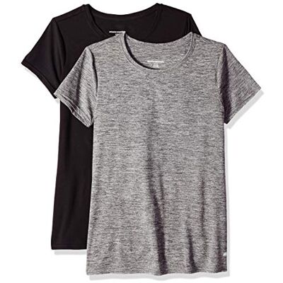 Amazon Essentials Damen Schnelltrocknendes Kurzärmliges Sport-T-Shirt aus Tech Stretch mit Rundhalsausschnitt, 2er-Pack, Kohlegrau Space-dye/Schwarz, XS Amazon Essentials Damen Schnelltrocknendes Kurzärmliges Sport-T-Shirt aus Tech Stretch mit Rundhalsausschnitt, 2er-Pack, Kohlegrau Space-dye/Schwarz, XS