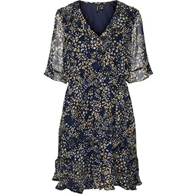 VERO MODA Damen Vmdora Kaya 2/4 Short Dress Wvn Ga Kleid, Navy Blazer/Aop:dora, S VERO MODA Damen Vmdora Kaya 2/4 Short Dress Wvn Ga Kleid, Navy Blazer/Aop:dora, S