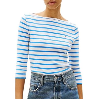 Tommy Hilfiger Damen Langarmshirt Slim U-Boot-Ausschnitt, Mehrfarbig (Ecru/Blue Spell STP), XXS Tommy Hilfiger Damen Langarmshirt Slim U-Boot-Ausschnitt, Mehrfarbig (Ecru/Blue Spell STP), XXS