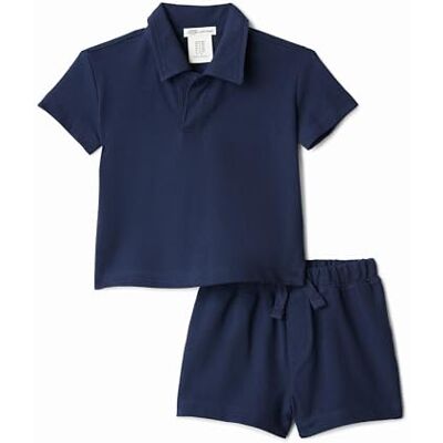 Amazon Essentials x Sofia Grainge Jungen Spielset aus Baumwoll-Piqué mit kurzärmeligem Hemd und Shorts, Marineblau, 2 Jahre Amazon Essentials x Sofia Grainge Jungen Spielset aus Baumwoll-Piqué mit kurzärmeligem Hemd und Shorts, Marineblau, 2 Jahre