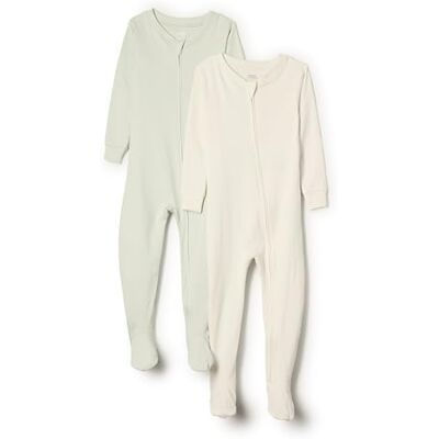 Amazon Essentials x Sofia Grainge Unisex Baby Eng anliegender Pyjama aus Baumwolle mit Fuß, 2er-Pack, Blassgrün/Elfenbein, 12 Monate Amazon Essentials x Sofia Grainge Unisex Baby Eng anliegender Pyjama aus Baumwolle mit Fuß, 2er-Pack, Blassgrün/Elfenbein, 12 Monate