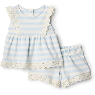 Amazon Essentials x Sofia Grainge Baby Mädchen Spielset aus Baumwoll-Top mit Lochstickerei und Shorts, Blassblau Kühner Streifen, 18 Monate Amazon Essentials x Sofia Grainge Baby Mädchen Spielset aus Baumwoll-Top mit Lochstickerei und Shorts, Blassblau Kühner Streifen, 18 Monate