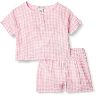 Amazon Essentials x Sofia Grainge Unisex Baby Spielset aus Baumwollgaze: Hemd und Shorts, Rosa Gingham, 12 Monate Amazon Essentials x Sofia Grainge Unisex Baby Spielset aus Baumwollgaze: Hemd und Shorts, Rosa Gingham, 12 Monate