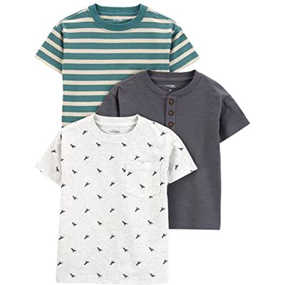 Simple Joys by Carter's Jungen Kurzärmlige Hemden, 3er-Pack, Dunkelgrau/Grün Streifen/Weiß Dinosaurier, 4 Simple Joys by Carter's Jungen Kurzärmlige Hemden, 3er-Pack, Dunkelgrau/Grün Streifen/Weiß Dinosaurier, 4