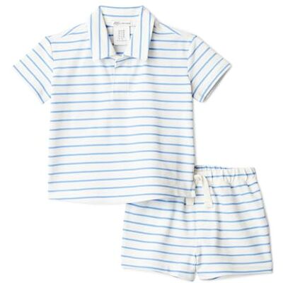 Amazon Essentials x Sofia Grainge Baby Jungen Spielset aus Baumwoll-Piqué mit kurzärmeligem Hemd und Shorts, Blauer, Ungleichmäßiger Dünner Streifen, 18 Monate Amazon Essentials x Sofia Grainge Baby Jungen Spielset aus Baumwoll-Piqué mit kurzärmeligem Hemd und Shorts, Blauer, Ungleichmäßiger Dünner Streifen, 18 Monate