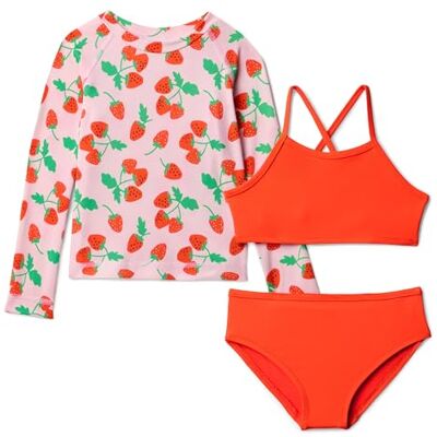 Amazon Essentials Mädchen 3-teiliges Rashguard-Bikini-Set, Erdbeeren/Tomatenrot, 10 Jahre Amazon Essentials Mädchen 3-teiliges Rashguard-Bikini-Set, Erdbeeren/Tomatenrot, 10 Jahre