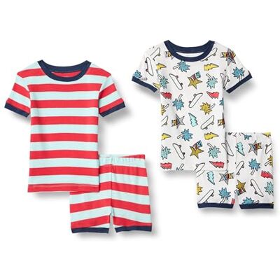 Amazon Essentials Jungen Eng anliegende Baumwoll-Schlafanzüge, 2er-Pack, Blasses Aquablau/Rot/Streifen/Weiß/Yeah, 8 Jahre Amazon Essentials Jungen Eng anliegende Baumwoll-Schlafanzüge, 2er-Pack, Blasses Aquablau/Rot/Streifen/Weiß/Yeah, 8 Jahre