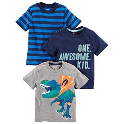 Simple Joys by Carter's Jungen Kurzärmlige Hemden, 3er-Pack, Blau Streifen/Grau Dinosaurier/Marineblau Textaufdruck, 4 Jahre Simple Joys by Carter's Jungen Kurzärmlige Hemden, 3er-Pack, Blau Streifen/Grau Dinosaurier/Marineblau Textaufdruck, 4 Jahre