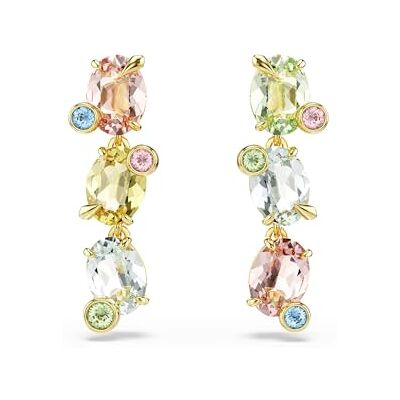 Swarovski Gema Drop-Ohrhänger, Mehrfarbige und Vergoldete Ohrringe mit Drei Aufgereihten Kristallen, Größe: 2.8 x 0.9 cm Swarovski Gema Drop-Ohrhänger, Mehrfarbige und Vergoldete Ohrringe mit Drei Aufgereihten Kristallen, Größe: 2.8 x 0.9 cm