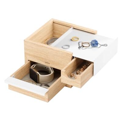 Umbra Mini Stowit Design Schmuckkasten – Schmuckbox mit Geheimfächern für Ringe, Armbänder, Halsketten, Uhren, Ohrringe & Accessoires, Holz/Metall, Weiss/Natur, Klein Umbra Mini Stowit Design Schmuckkasten – Schmuckbox mit Geheimfächern für Ringe, Armbänder, Halsketten, Uhren, Ohrringe & Accessoires, Holz/Metall, Weiss/Natur, Klein