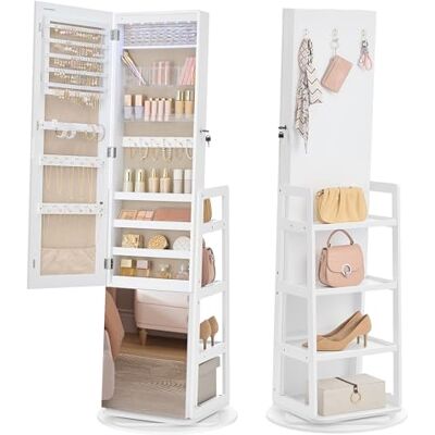 SONGMICS Schmuckschrank mit Ganzkörperspiegel, Schmuckaufbewahrung, Spiegelschrank mit 4 Ablagen, integrierte LED-Beleuchtung, 360° drehbar, Schlafzimmer, Ankleidezimmer, Flur, wolkenweiß JJC027WH01 SONGMICS Schmuckschrank mit Ganzkörperspiegel, Schmuckaufbewahrung, Spiegelschrank mit 4 Ablagen, integrierte LED-Beleuchtung, 360° drehbar, Schlafzimmer, Ankleidezimmer, Flur, wolkenweiß JJC027WH01