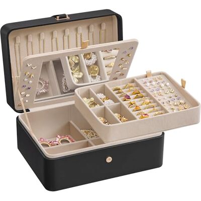 SONGMICS GISELLA Kollektion Schmuckkästchen mit Spiegel, Schmuckkasten 2 Ebenen, Schmuckbox, Schmucktablett, 17,6 x 22 x 11 cm, Ohrstecker-Organizer, Geschenkidee, tintenschwarz JBC200B01 SONGMICS GISELLA Kollektion Schmuckkästchen mit Spiegel, Schmuckkasten 2 Ebenen, Schmuckbox, Schmucktablett, 17,6 x 22 x 11 cm, Ohrstecker-Organizer, Geschenkidee, tintenschwarz JBC200B01