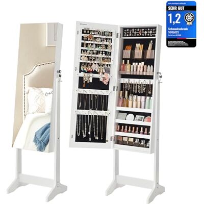 SONGMICS Schmuckschrank, Spiegelschrank stehend, mit 2 separaten Make-up Organizern, rahmenloser Ganzkörperspiegel, abschließbar, für Ketten, Ohrringe, Schminke, weiß JJC002W01 SONGMICS Schmuckschrank, Spiegelschrank stehend, mit 2 separaten Make-up Organizern, rahmenloser Ganzkörperspiegel, abschließbar, für Ketten, Ohrringe, Schminke, weiß JJC002W01