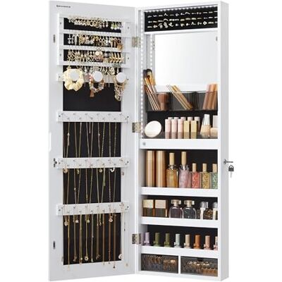 SONGMICS Schmuckschrank, Wandmontage, Organizer mit LED-Lichtern, Aufbewahrungsschrank, mit rahmenlosem Spiegel, integrierter Schminkspiegel, 2 Schubladen, abschließbar, Weiß JJC013W01 SONGMICS Schmuckschrank, Wandmontage, Organizer mit LED-Lichtern, Aufbewahrungsschrank, mit rahmenlosem Spiegel, integrierter Schminkspiegel, 2 Schubladen, abschließbar, Weiß JJC013W01