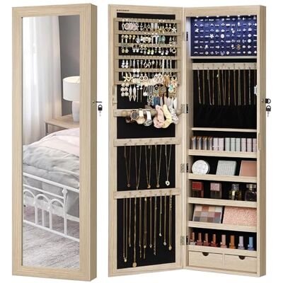 SONGMICS Schmuckschrank, Wand-Aufbewahrungsmöbel für Halsketten, Ohrringe, Zubehörschrank, mit Spiegel, verschiedene Fächer, abschließbar, Eichenfarben JJC093M01 SONGMICS Schmuckschrank, Wand-Aufbewahrungsmöbel für Halsketten, Ohrringe, Zubehörschrank, mit Spiegel, verschiedene Fächer, abschließbar, Eichenfarben JJC093M01