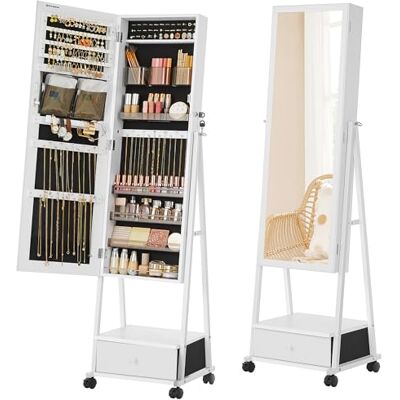 SONGMICS Schmuckschrank, Ganzkörperspiegel, Spiegelschrank, abschließbarer Schmuckorganizer mit Schublade, Rollen, Geschenkidee, weiß JJC004W02 SONGMICS Schmuckschrank, Ganzkörperspiegel, Spiegelschrank, abschließbarer Schmuckorganizer mit Schublade, Rollen, Geschenkidee, weiß JJC004W02