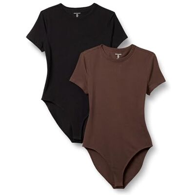 Amazon Essentials Damen T-Shirt-Body aus elastischem Baumwolljersey mit schmaler Passform, 2er-Pack, Braun/Schwarz, S Amazon Essentials Damen T-Shirt-Body aus elastischem Baumwolljersey mit schmaler Passform, 2er-Pack, Braun/Schwarz, S