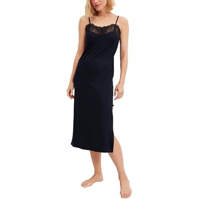 CALIDA Elegant Dreams Nachthemd Damen, mit Spaghettiträger, spitzenverzierter V-Ausschnitt, weich, L: 125cm Dark Lapis Blue 36-38 CALIDA Elegant Dreams Nachthemd Damen, mit Spaghettiträger, spitzenverzierter V-Ausschnitt, weich, L: 125cm Dark Lapis Blue 36-38