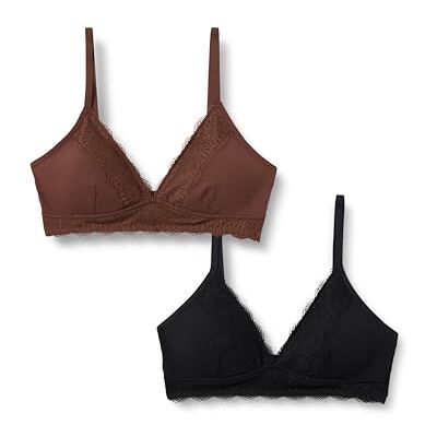 Amazon Essentials Damen Bralette Aus Peachierter Mikrofaser Mit Spitzenbesatz Und V-Ausschnitt, 2er-Pack, Haselnuss/Schwarz, XS Amazon Essentials Damen Bralette Aus Peachierter Mikrofaser Mit Spitzenbesatz Und V-Ausschnitt, 2er-Pack, Haselnuss/Schwarz, XS