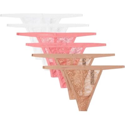 Amazon Essentials Damen Durchgehend elastischer G-String aus Spitze, 6er-Pack, Rose / Washed Bronze / White, 38 Amazon Essentials Damen Durchgehend elastischer G-String aus Spitze, 6er-Pack, Rose / Washed Bronze / White, 38