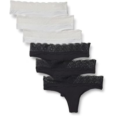 Amazon Essentials Damen Bikinihose aus Peachfarbener Mikrofaser mit Spitzenbesatz, 6er-Pack, Schwarz/Weiß, 38 Amazon Essentials Damen Bikinihose aus Peachfarbener Mikrofaser mit Spitzenbesatz, 6er-Pack, Schwarz/Weiß, 38