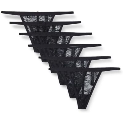 Amazon Essentials Damen Durchgehend elastischer G-String aus Spitze, 6er-Pack, Schwarz, 44 Amazon Essentials Damen Durchgehend elastischer G-String aus Spitze, 6er-Pack, Schwarz, 44